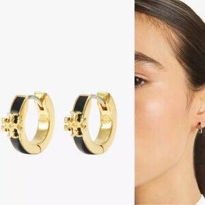 Tory Burch Gold and Black Logo Mini Hoop Earrings